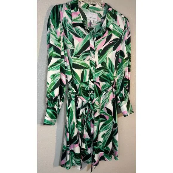 Lane Bryant Sz 18 BeautiCurve Silky Dress Green Pink Leaf Print Belted tailored - Picture 3 of 10
